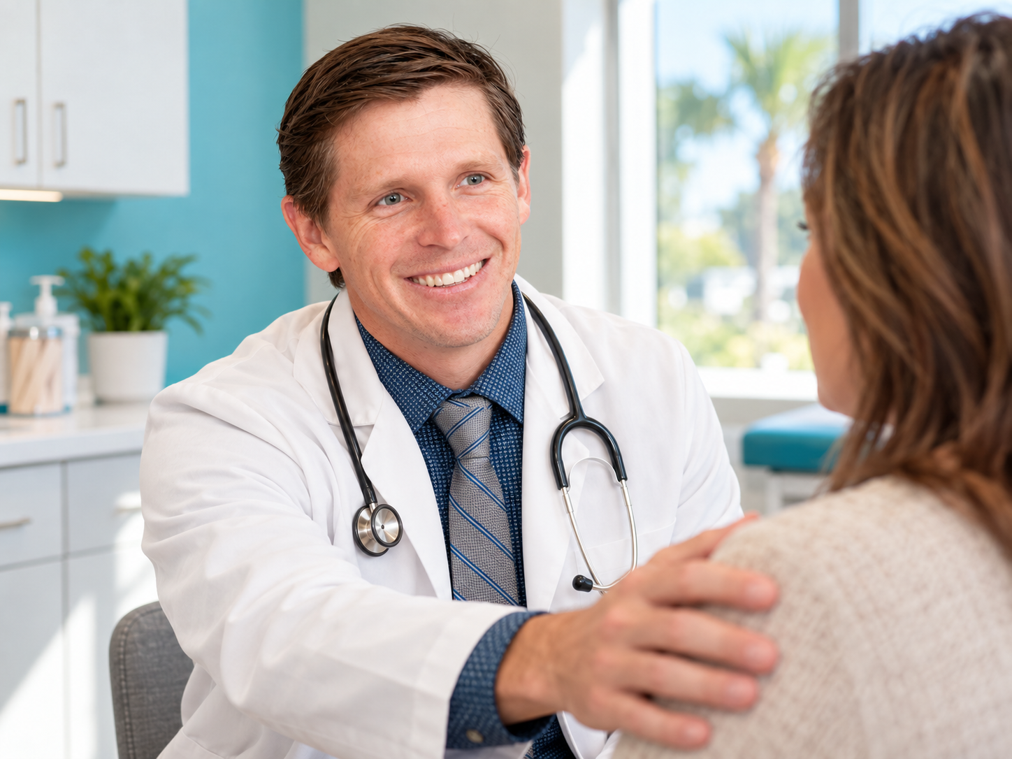 Illustration of Spencer listening to a patient in an exam room